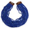 Avalaya Collana Multifilo con Perline di Vetro Blu Cobalto e Chiusura Quadrata in Legno - Lunghezza 60 cm