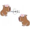 MENNICA BYDGOSKA Orecchini a perno Kapibar con fiore in argento 925 per bambine | Smaltato, chiusura a farfalla, marrone rosa, motivo animale, per bambini