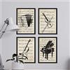 Nacnic set di 4 Stampe artistiche sfondo VINTAGE con pentagramma musicale. Raffigurazione in primo piano di strumenti musicali (pianoforte, violino, violoncello), con note musicali. Spartiti e musica.