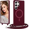 Coiwxmoi Magnetica Cover per Samsung Galaxy S23 Ultra con Cordino Regolabile, [Compatibile con MagSafe] Custodia con Collana Tracolla Laccio Collo Liquido Silicone Lanyard Antiurto Case, Rosso Vino