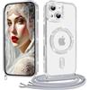Coiwxmoi Cover Magnetica per iPhone 15 Custodia con Cordino Laccio, Compatibile con Magsafe Trasparente Glitter Silicone Protettiva Antiurto Antigraffio Case con Collana, Argento