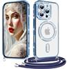 Coiwxmoi Cover Magnetica per iPhone 16 Pro Max Custodia con Cordino Laccio, Compatibile con Magsafe Trasparente Glitter Silicone Protettiva Antiurto Antigraffio Case con Collana, Blu