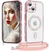 Coiwxmoi Cover Magnetica per iPhone 15 Custodia con Cordino Laccio, Compatibile con Magsafe Trasparente Glitter Silicone Protettiva Antiurto Antigraffio Case con Collana, Rosa