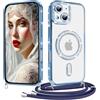 Coiwxmoi Cover Magnetica per iPhone 15 Custodia con Cordino Laccio, Compatibile con Magsafe Trasparente Glitter Silicone Protettiva Antiurto Antigraffio Case con Collana, Blu