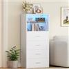Hzuaneri Cassettiera con LED, 4 Cassetti con porta in vetro scorrevole | Mobile con 2 livelli di stoccaggio aperti, per camera da letto, corridoio e soggiorno, 33,5 x 58 x 120 cm, Bianco DC04103WEU