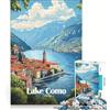 JIANGENNF Puzzle per ragazzi da 1000 pezzi Lago di Como Italia poster vintage giocattolo educativo migliora la memoria con poster abbinato e foglio di curiosità 38x26cm