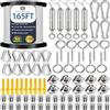 GZFTMKOBNS 95Pcs Acciaio Inossidabile Corda Appesa Kit, Corda in acciaio zincato con guaina in ，Kit per Appendere le Luci, Outdoor String Light Suspension Kit, Fune Cavo con Tenditore e Ganci