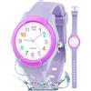 Juboos Orologio analogico per bambini e bambine, impermeabile fino a 3 atm, con gatto, facile da leggere, Viola, orologio gatto bambini