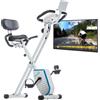 Skandika Foldaway X-1000 PLUS: Bicicletta fitness pieghevole, cyclette X-Bike con sensori di frequenza cardiaca manuali, computer Bluetooth, supporto per tablet e schienale