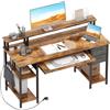 Xyphren Scrivania con 2 cassetti, 140 x 50 cm, tavolo da gioco con ripiano per tastiera, ripiano laterale regolabile in altezza, supporto per monitor e presa per casa, ufficio e soggiorno, Braun