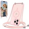 Olgary Cover Magnetica con Cordino per iPhone 16 Pro Max, Compatibile con MagSafe, Sottile con Laccio Collana Tracolla Regolabile AntiGraffio Case con Collana,Rosa
