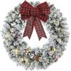 HOMCOM Ghirlanda Natalizia Innevata da 60 cm con Luci LED 8 Modalità, Verde | Corona di Natale, Fiocco Scozzese, 140 Rami, Pigne, Bacche, Decorazione Natalizia per Porta e Finestra