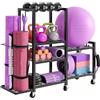 BAKENLON Supporto Manubri 6 Livelli con Ruote per Fitness Home Gym | Rack Fitness con Ganci e Porta Tappetino Yoga per Manubri, Kettlebell e Accessori Allenamento