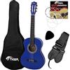 TIGER CLG4-LH-BL chitarra classica mancina 3/4 blu con set | Include custodia, tracolla, plettro e corde di ricambio, ideale per bambini mancini dai 9 agli 11 anni.