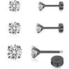 FACOKO Orecchini da donna, 3 Paia di Orecchini in Titanio con Zirconi Quadrati Trasparenti, Chiusura Posteriore Piatta Ipoallergenica, 3/4/5mm