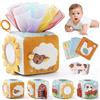 let's make Gioco Scatola Fazzoletti per Bambini, Giocattolo Sensoriale Montessori 6 9 12 Mesi, Cubo Attività Fattoria con Foulard, Fazzoletti Fruscianti, Specchio, Mucca Sonora e Clip da Viaggio, Rega