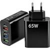 LEVMEK Caricatore USB C 65 W, caricatore rapido Multiport 5 porte (2 USB-C PD 20 W/15 W + 3 USB-A QC 3.0), adattatore di alimentazione USB C rapido per iPhone, Samsung, Huawei, iPad, Xiaomi, caricatore 65 W