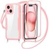 FERLAN Cover per iPhone 15 Plus con Cordino,Rosa | 360 Gradi Antiurto Custodia con Protezione Schermo Integrata Trasparente Rugged TPU Bumper Doppia Protettiva Cover