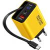 XPJBKC Caricatore USB C 65w, Caricabatterie Rapido,con Cavo di Ricarica Retrattile | Caricatore con Cavo Estensibile, GaN 3 in 1 Caricatore USB C, USB C + USB A, per MacBook Laptop Samsung Galaxy iphone, Giallo