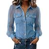 Generic Camicia di jeans da donna taglie forti camicia con bottoni a maniche a sbuffo trasparenti Camicia in denim Patchwork vestibilità regolare Camicetta in chambray trasparente Camicie eleganti stile