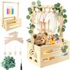 Gulxwis Cesto Nascita Bimbo in Legno con Manico e Barra Appendiabiti, 5 Grucce Bambini, Foglie Decorative e Ciondoli, Cesto Regalo Portaoggetti Neonato, Regalo Baby Shower per Neonati e Neo Genitori