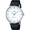 Casio MTP-VT04L-7E Orologio analogico da uomo minimalista con cinturino in pelle nera quadrante bianco a forma concava a 3 lancette, bianco