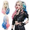 Shengou Harley Quinn - Parrucca da donna del cattivo | Parrucca lunga per cosplay, con girocollo e vasi sanguigni, biondo, blu, rosa, per carnevale, Halloween, feste in costume