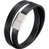 Ayoiow Bracciale Acciaio Argento Uomo Pelle Bracciale Nero A Doppio Strato Bracciale per Uomo