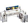 Aiorber Scrivania a forma di L con cassetti, tavolo da gioco con presa, LED e supporto per monitor, 200 x 146 cm, scrivania per computer per ufficio, studio, camera da letto (bianco)