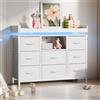 BIYFSDS Cassettiera con 8 cassetti in tessuto, mobile portaoggetti con LED e 2prese USB e 2prese AC, armadio cassettiera per camera da letto adulto con struttura in metallo per soggiorno (Bianco-2, 108x30x82)