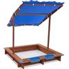 Gdetnysty Sabbiera in legno per bambini con copertura del tetto, 126 x 121 x 118 cm, sabbiera in legno blu e marrone, con tappetino per sabbia per giardino, esterno per bambini dai 3 anni ai 14 anni
