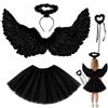 Rppiup Costume Angelo Bambina, 4 Pezzi Angelo Costume Signore Set | con Ali Angelos Nero, Gonna Tutù, Aureola e Bacchetta Magica, Costumes Halloween Angelos per Carnevale Cosplay Costumes