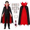 HHDESHSL Costume da Vampiro per Bambini, Mantello Vampiro Bambino Nero Rosso con Collo Alto, Denti da Vampiro, Sangue Finto e 10 Adesivi Tatuaggio per Halloween Carnevale Cosplay