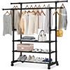 Fenix Home Appendiabiti da Terra con Ruote 3 Ripiani Doppia Asta 150 cm | Struttura in acciaio nero, aste a scomparsa regolabili, ripiani per scarpe e borse, 4 ruote antigraffio per spostarlo