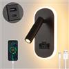 KUKAK Lampada da lettura LED,Applique con interruttore e porta di ricarica USB+TYPE C,Applique orientabile da parete,lampada da interno da 3W 3000K+9W 6000K,lampada da comodino per camera da letto,Nero