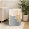 Jinfanshurich Cesto portabiancheria da 53 l, rotondo intrecciato con manico in cotone, per cameretta dei bambini, soggiorno e lavanderia (grigio e bianco)