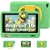 TT.KIDS Android 16 Tablet Bambini 7 Pollice 24GB RAM 128GB ROM (TF 1TB) 5G WiFi Tablet Touch Dual Camera HD, Widevine L1/Controllo Parentale/BT 5.4 Tablet con custodia EVA, Verde