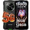 Luzglo Fire 7 Rugged Smartphone 5G, 13000 mAh Telefono Indistruttibile Android 16, 6,6 +90Hz, 36GB+128GB, Fotocamera da 64 MP, MediaTek Dimensity 6300/IP68/IP69K/MIL-STD-810H, NFC, Verde