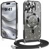 Jrkvniv Magnetica Glitter Cover con Cordino per iPhone 16 Pro Max, Brillantini Glitterato Custodia con Laccio Collana Tracolla Corda TPU Bumper Antiurto Protettiva Cover, Nero