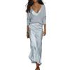 Generic Elegante top a maniche lunghe con scollo a V e gonna sottoveste in raso, 2 pezzi, set da donna casual chic abbinato per vacanze e tutti i giorni