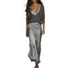 Generic Elegante top a maniche lunghe con scollo a V e gonna sottoveste in raso, 2 pezzi, set da donna casual chic abbinato per vacanze e tutti i giorni