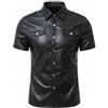 Generisch Camicia da uomo in ecopelle, colore nero, con tasca sul petto, per discoteca, feste, da uomo, a maniche corte, con bottoni, per moto, per attività all'aperto, in pelle, da uomo