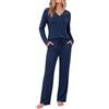 Demegimi Pigiama Donna Cotone Lungo Due Pezzi con Pizzo Scollo a V | Pigiami Lungo Leggero, Set Due Pezzi Autunno Inverno, Pantaloni Ampi, con Tasche e Coulisse, per Notte, Casa, Relax e Viaggio
