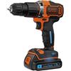 BLACK+DECKER Black + Decker, 18 V 1.5 Ah - Trapano avvitatore a percussione a batteria a 2 velocità, 2 Smart Tech con ricarica USB caricatore veloce, doppio bit, e valigetta, 1 pezzo, bdchd 18kbst