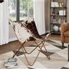 Keeushr Poltrona a farfalla in vera pelle di mucca marrone e bianco con robusta struttura in ferro e design ergonomico per un elevato comfort di seduta, poltrona stile vintage con iconica