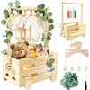 Gulxwis Cesto Nascita Bimbo in Legno con Ruote, Manico e Barra Appendiabiti, 5 Grucce Bambini, Foglie Decorative e Ciondoli, Cesto Portaoggetti Neonato, Regalo Baby Shower per Neo Genitori