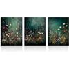 Dazzlewall Set di 3 Pezzi Decorazione Murale Fiori Selvatici Verde Scuro Malinconico, Misterioso Dark Academy Floreale Vintage per Soggiorno Camera da Letto 30×40 cm Senza Cornice