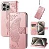 JIUNINE Cover per Apple iPhone 16 Pro, Custodia Interno TPU Antiurto Portafoglio con Disegni di Farfalla [Carta Fessura] [Supporto Stand] Cover Libro in PU Pelle per iPhone 16 Pro, Oro rosa