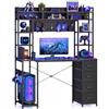 Coleshome Scrivania per Computer 120x50 cm, Scrivania con libreria, Nero | con Pannello Forato, 4 Cassetti, Mensole e Vano per PC Tower, Telaio in Metallo, Scrivania da Ufficio,Studio e Gaming