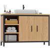 ELUCHANG Mobiletto Bagno, Mobiletto Portaoggetti, Mobile Sottolavello da Bagno con 2 Portae 3 Vani a Giorno, Struttura in Metallo,Oak+Nero,90x30x60 cm